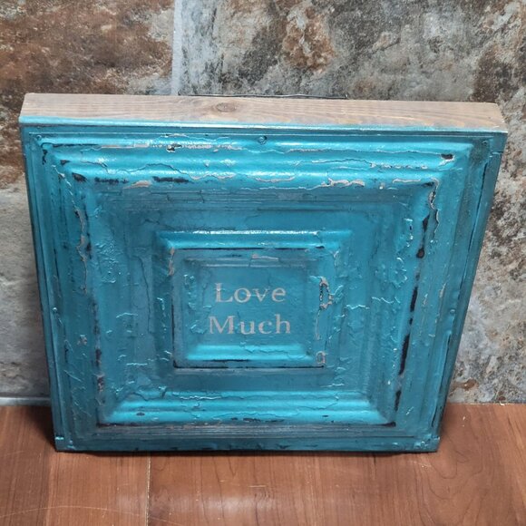 Turquoise Distressed Love Much Tin Metal on Wood Frame Hanging Wall Decor - Picture 12 of 12